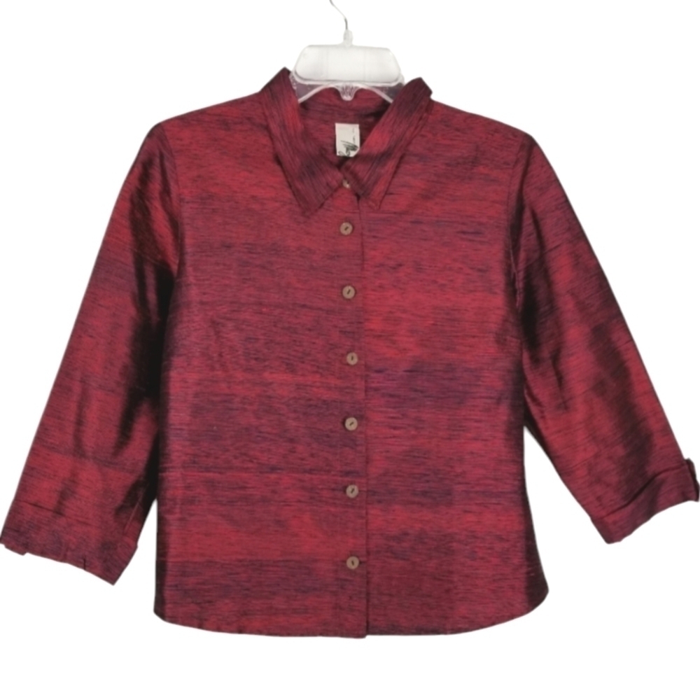Couture Mazzaro Womens Button Blouse Jacket Red Black Sheen Size Large Vintage